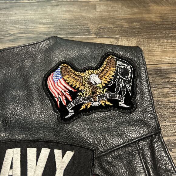 Leather braided Vest Black Patches Pins Leather Legion Veteran Navy biker men’s - Picture 9 of 11